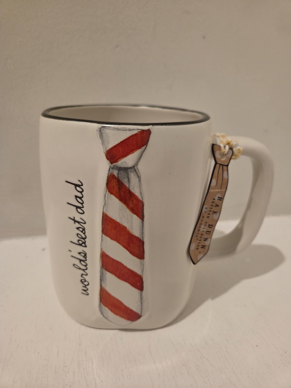 Rae Dunn Worlds Best Dad coffee Mug with Red Striped Tie Design